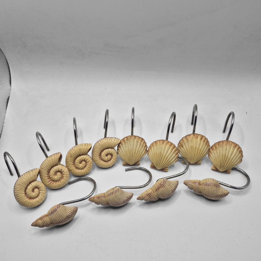 Sea Shells Shower Curtain Hooks Set of 12 Ocean Beach House Cream Beige Tan
